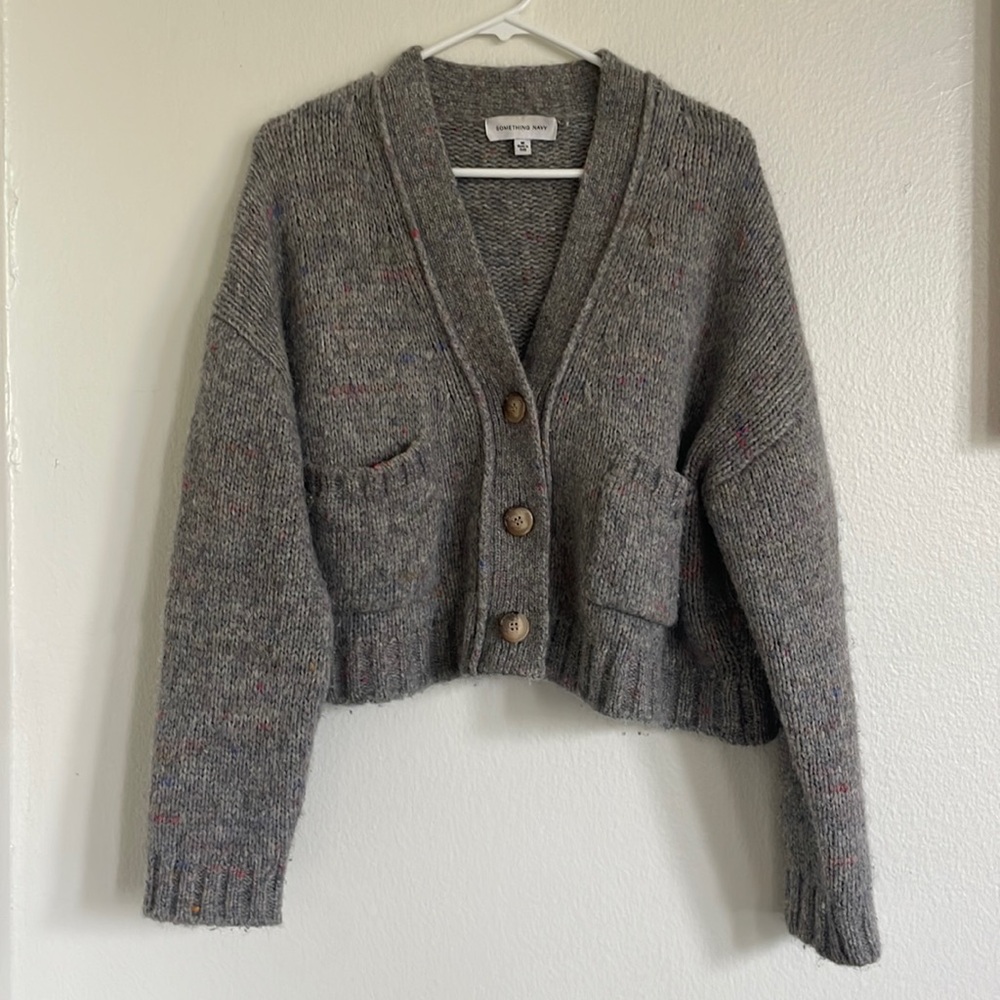 Gray with multi colored knit cropped carnigan